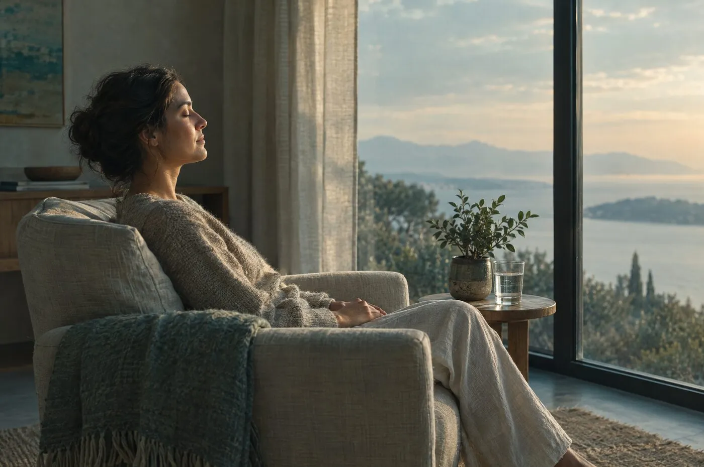 A woman resting with her eyes closed in an armchair beside a large sunlit window